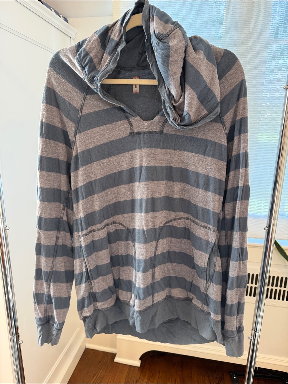 Reversible Striped Hooded Pullover Sweater - Gray & Light Gray and Blue